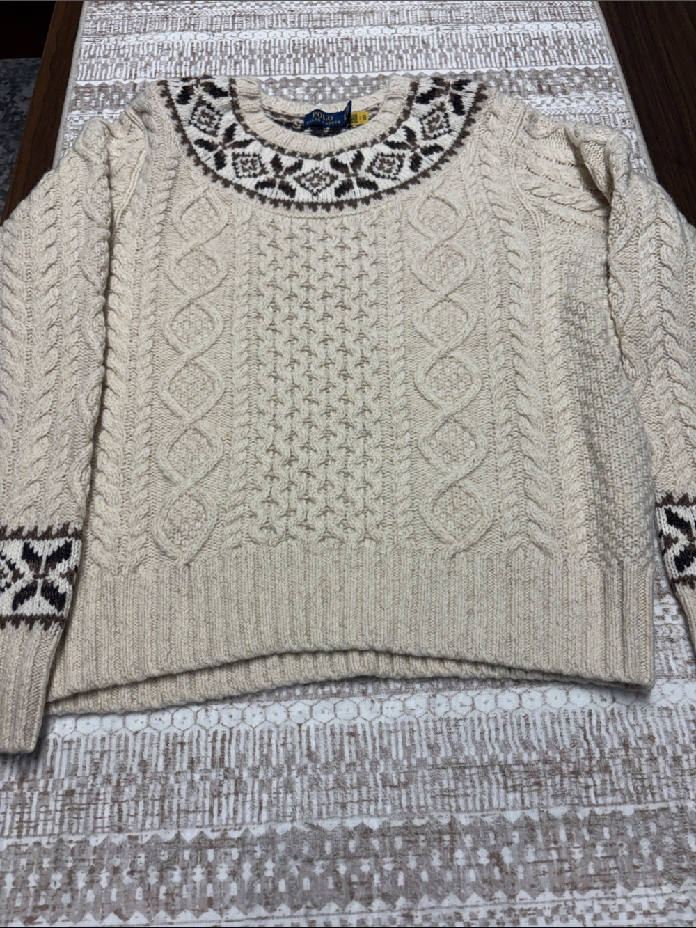 Polo by Ralph Lauren Cream Cable Knit Sweater with Brown Nordic Trim